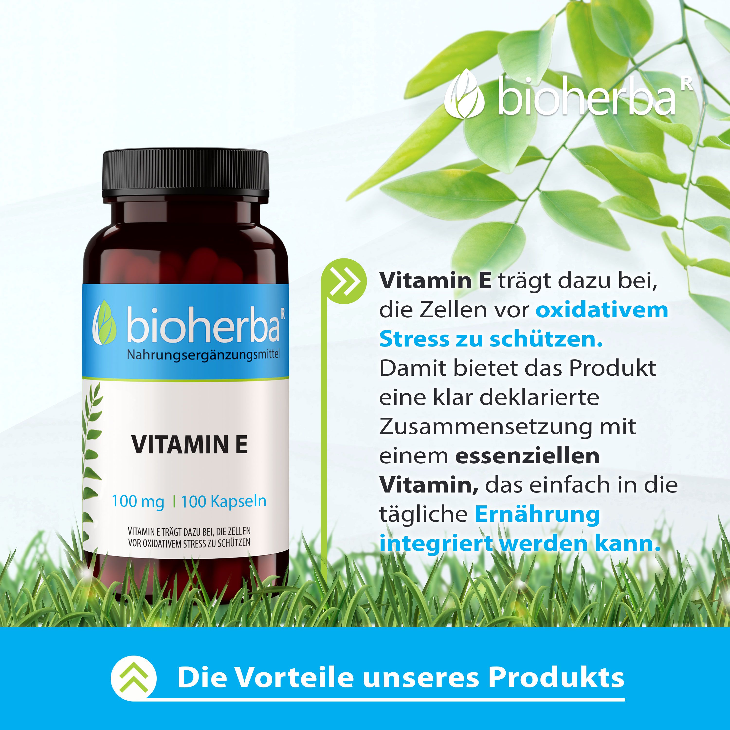 Braune Flasche "Bioherba Vitamin E" auf Gras. Text: "Vitamin E trägt dazu bei..." und "Die Vorteile unseres Produkts".