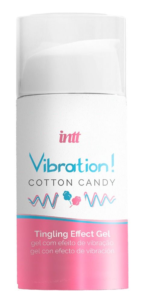 Flasche mit Pumpe. Aufschrift: Vibration! Cotton Candy Tingling Effect Gel. Marke: INTT. Rosa und weiß.