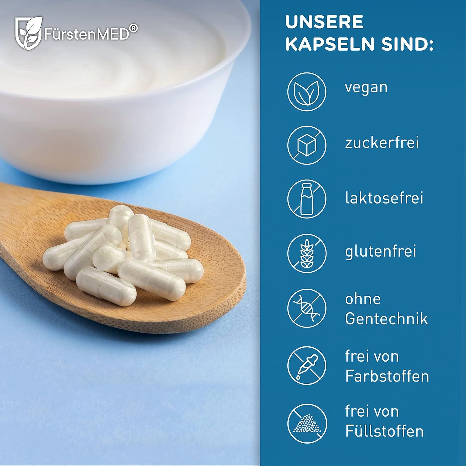 Kapseln auf Holzlöffel und in Schale mit Joghurt. Text: vegan, zuckerfrei, laktosefrei, glutenfrei, ohne Gentechnik, ohne Farbstoffe, ohne Füllstoffe.