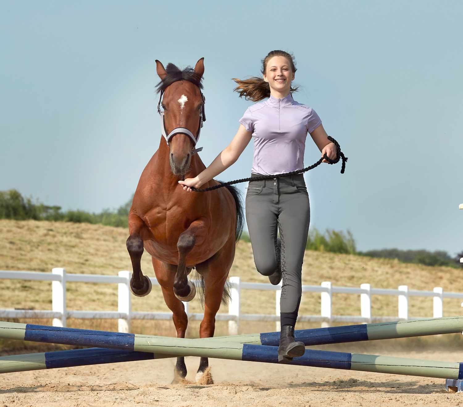 Junge Frau und Pferd springen über Hindernisse. Das Pferd trägt ein graues Halfter. Frau hält Zügel.