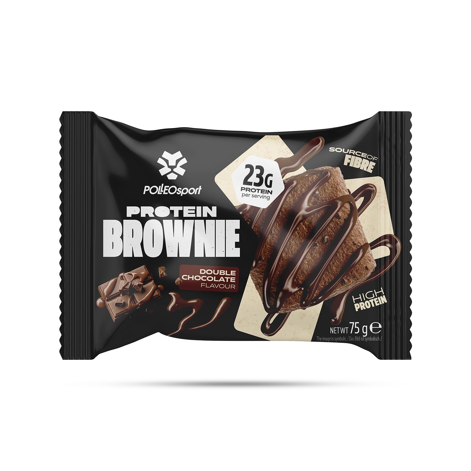 Einzelne Protein Brownie Riegel Verpackung. Aufdruck: PolleoSport, Protein Brownie, 23g Protein, Double Chocolate Flavour.