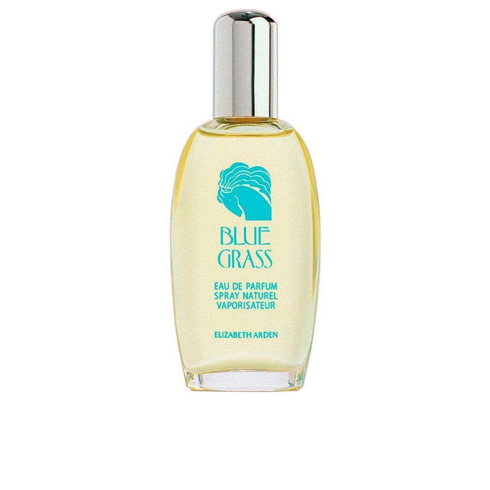 Glasflakon mit silbernem Deckel. Aufschrift "BLUE GRASS". Text: Eau de Parfum, Spray Naturel, Vaporisateur. Marke: Elizabeth Arden.