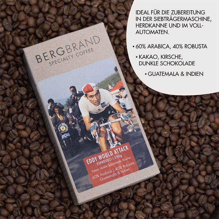 Kaffeepackung BERGBRAND Eddy would Attack auf Kaffeebohnen. Text: 60% Arabica, 40% Robusta, Kakao, Kirsche, dunkle Schokolade.