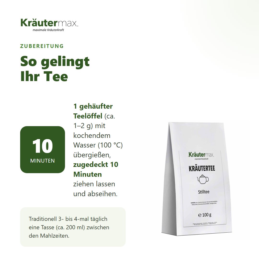 Zutatenliste und Zubereitungshinweise für Kräutermax Stilltee.