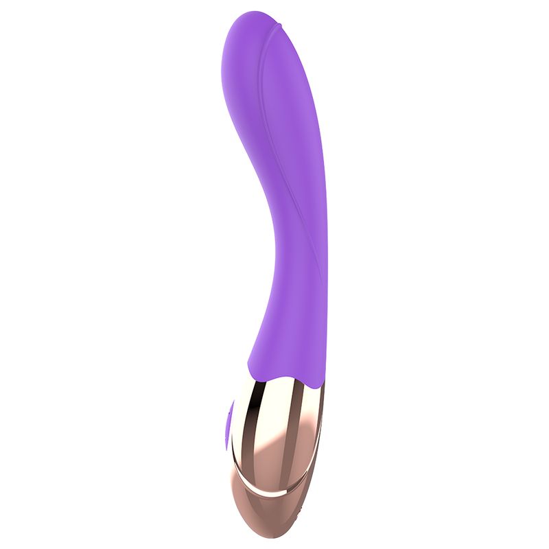 Lila Vibrator mit geschwungener Form. Goldfarbener Kopf mit Bedienknopf. Glatte Oberfläche.