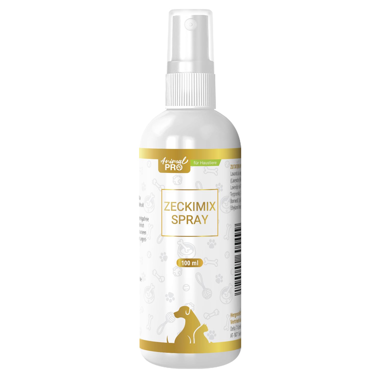 Zeckimix Spray, weiße Flasche mit Sprühkopf. Aufschrift: Animal Pro, Zeckimix Spray, 100 ml. Goldfarbene Akzente und Illustrationen.