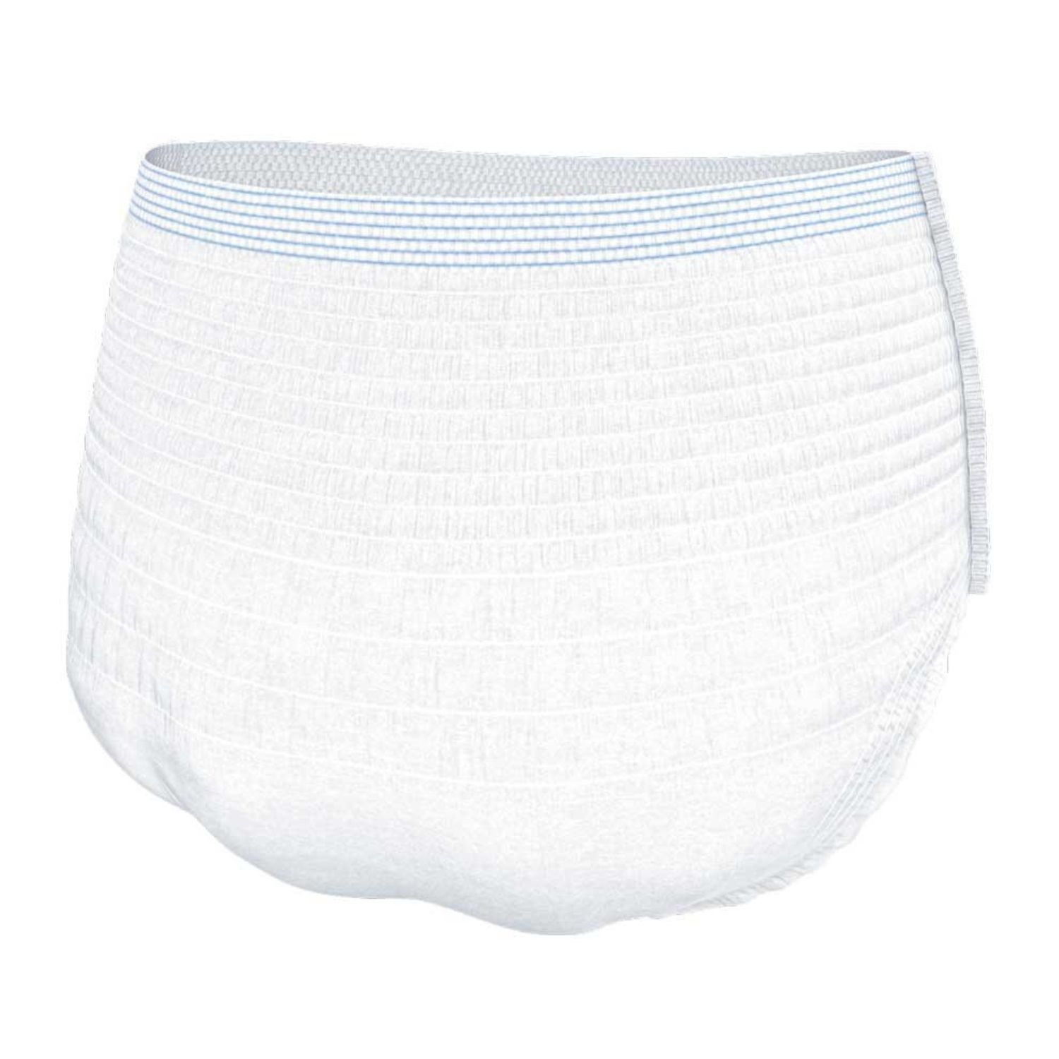 Weiße TENA Pants Plus. Rückansicht. Elastischer Bund mit blauen Streifen. Texturierte Oberfläche.