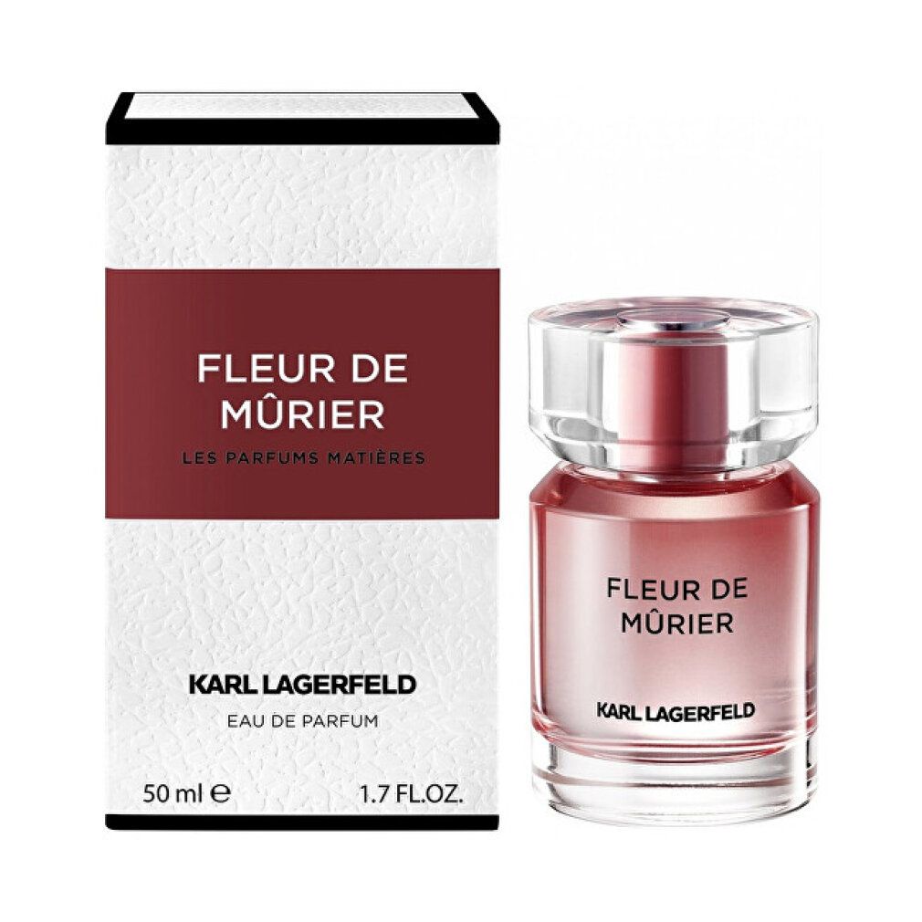 Fleur De Mûrier Eau De Parfum Spray von Karl Lagerfeld. Flakon und Verpackung. Weiß-rotes Design. 50 ml, 1.7 FL.OZ.