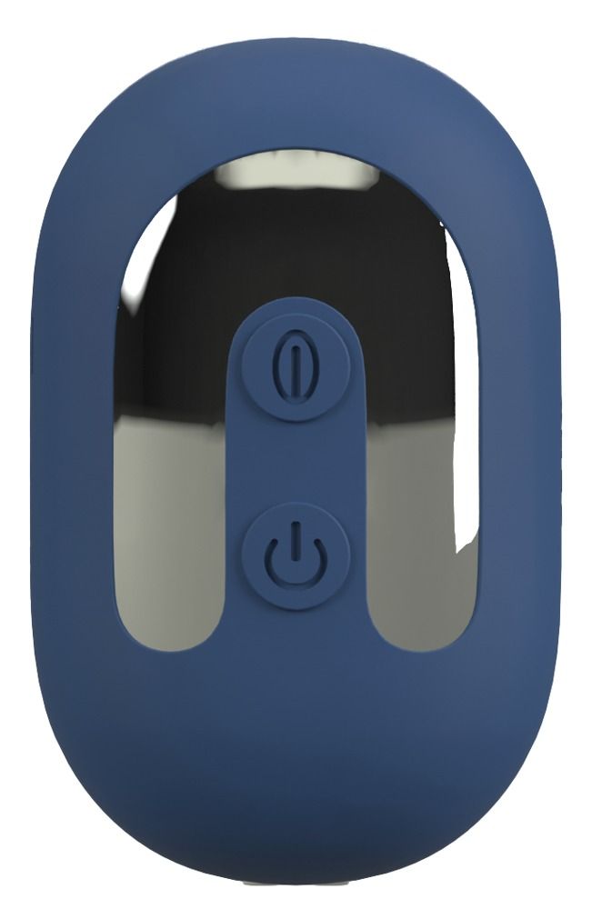 Nahaufnahme der Bedienelemente eines blauen Analplugs mit Flicking-Tongue-Funktion.