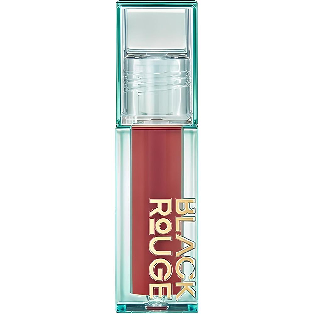 Lipgloss-Flakon. Transparentes Gehäuse mit braunem Inhalt. Goldfarbener Schriftzug BLACK ROUGE. Mintfarbener Deckel.