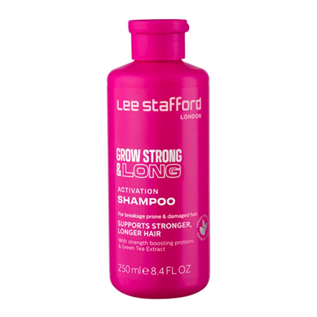 Flasche Lee Stafford Grow Strong & Long Aktivierungs-Shampoo, 250ml, pink.