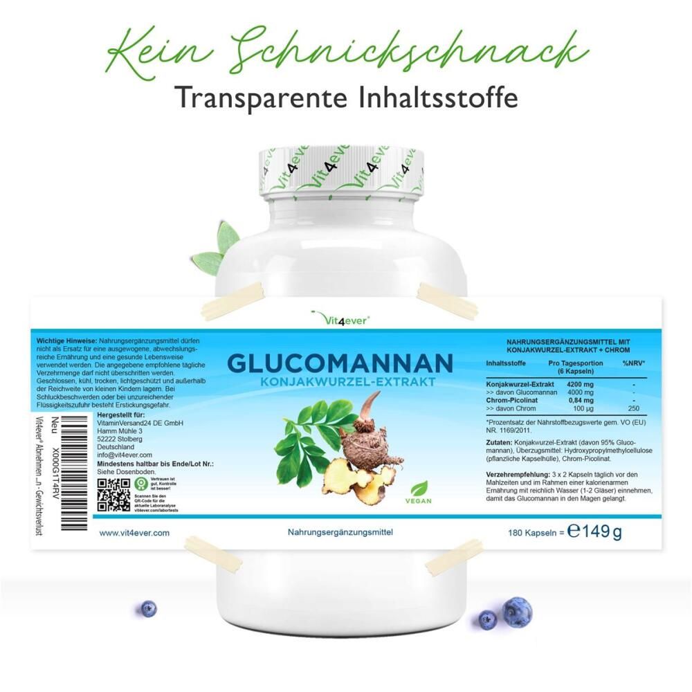 Produktetikett mit Informationen zu Glucomannan Konjakwurzel-Extrakt. Enthält 180 Kapseln, 149g. Vegan-Siegel. Angaben zu Inhaltsstoffen und Nährwerten.