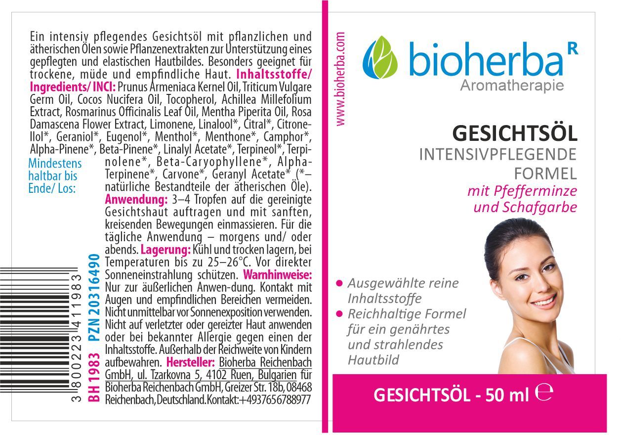 Produktverpackung mit Text und Logo. Enthält Inhaltsstoffe und Anwendungshinweise. Abgebildet ist ein Frauengesicht. Text: Gesichtsöl.