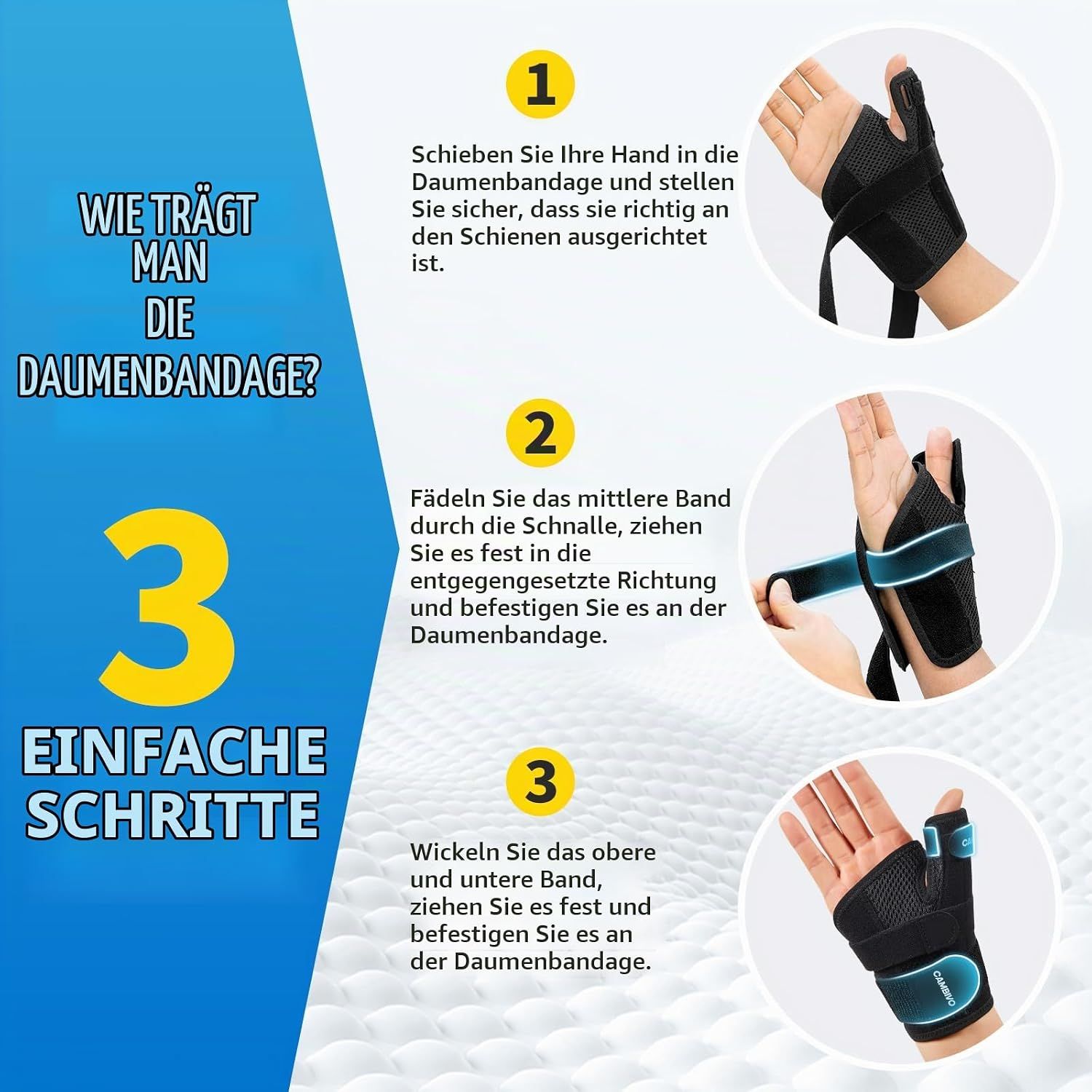 Anleitung zum Anlegen einer Daumenbandage in drei Schritten.