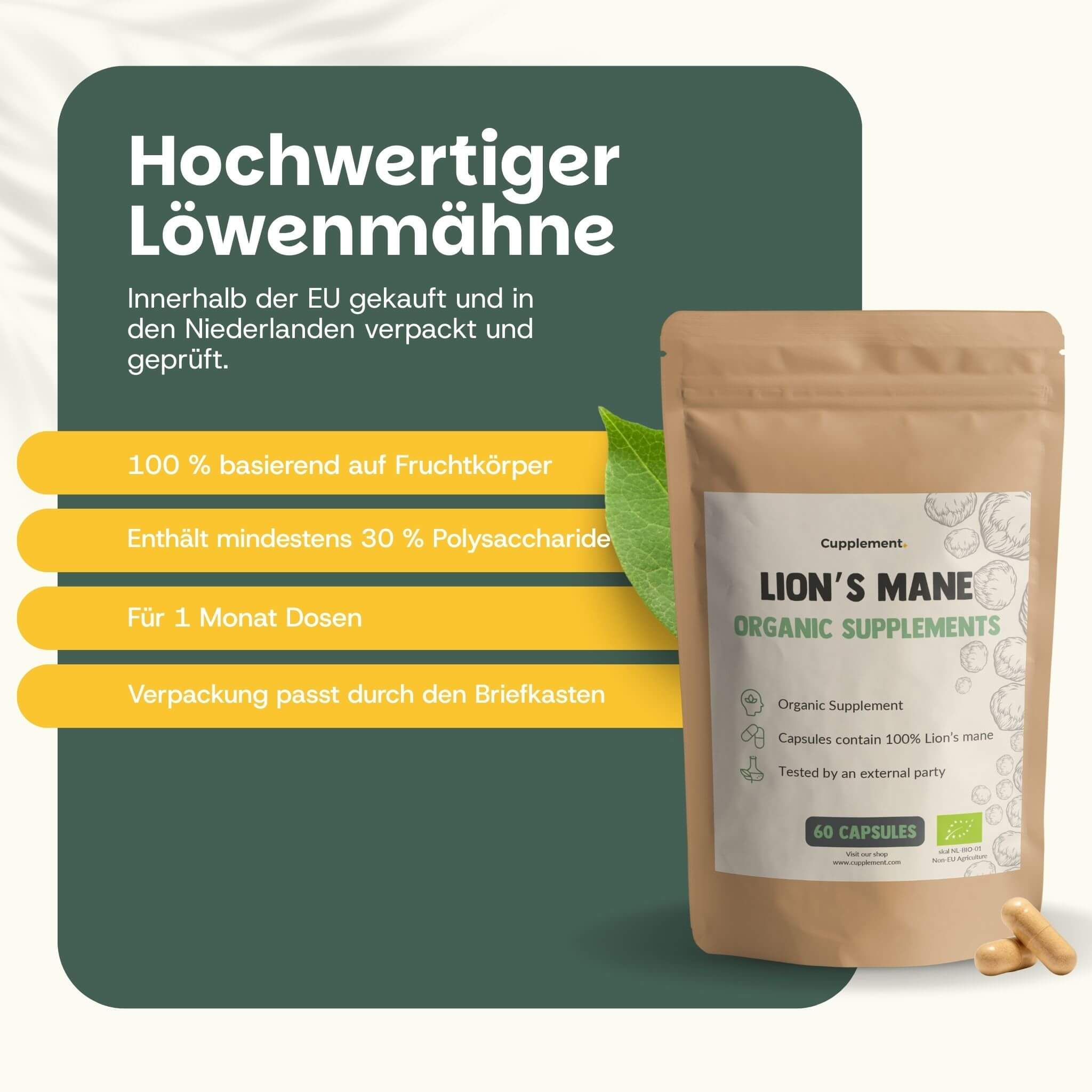 Beutel mit Kapseln. Text: Lion's Mane Organic Supplements. 60 Kapseln. 100% auf Fruchtkörperbasis. BIO-Siegel.