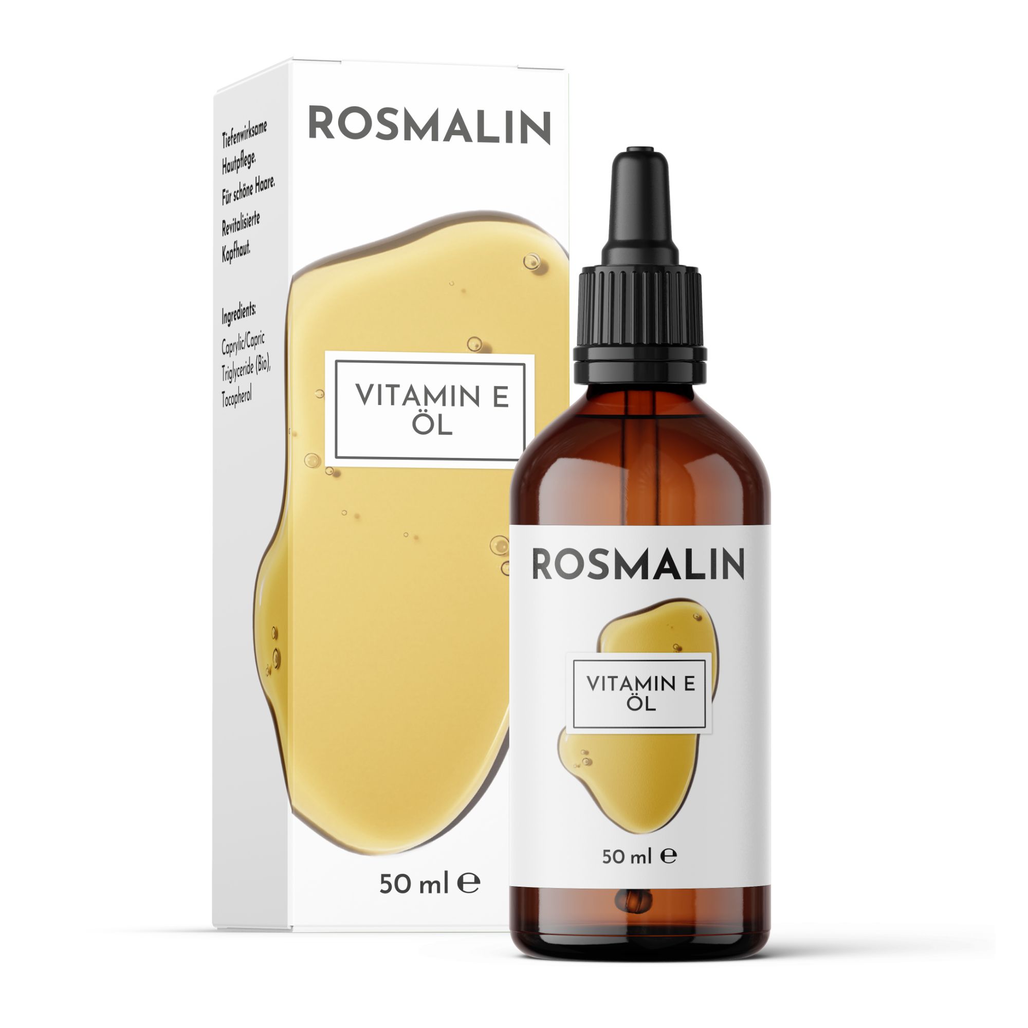 Rosmalin Vitamin E Öl-Flasche und Verpackung. Text: Für leichte Haare. 50 ml e.
