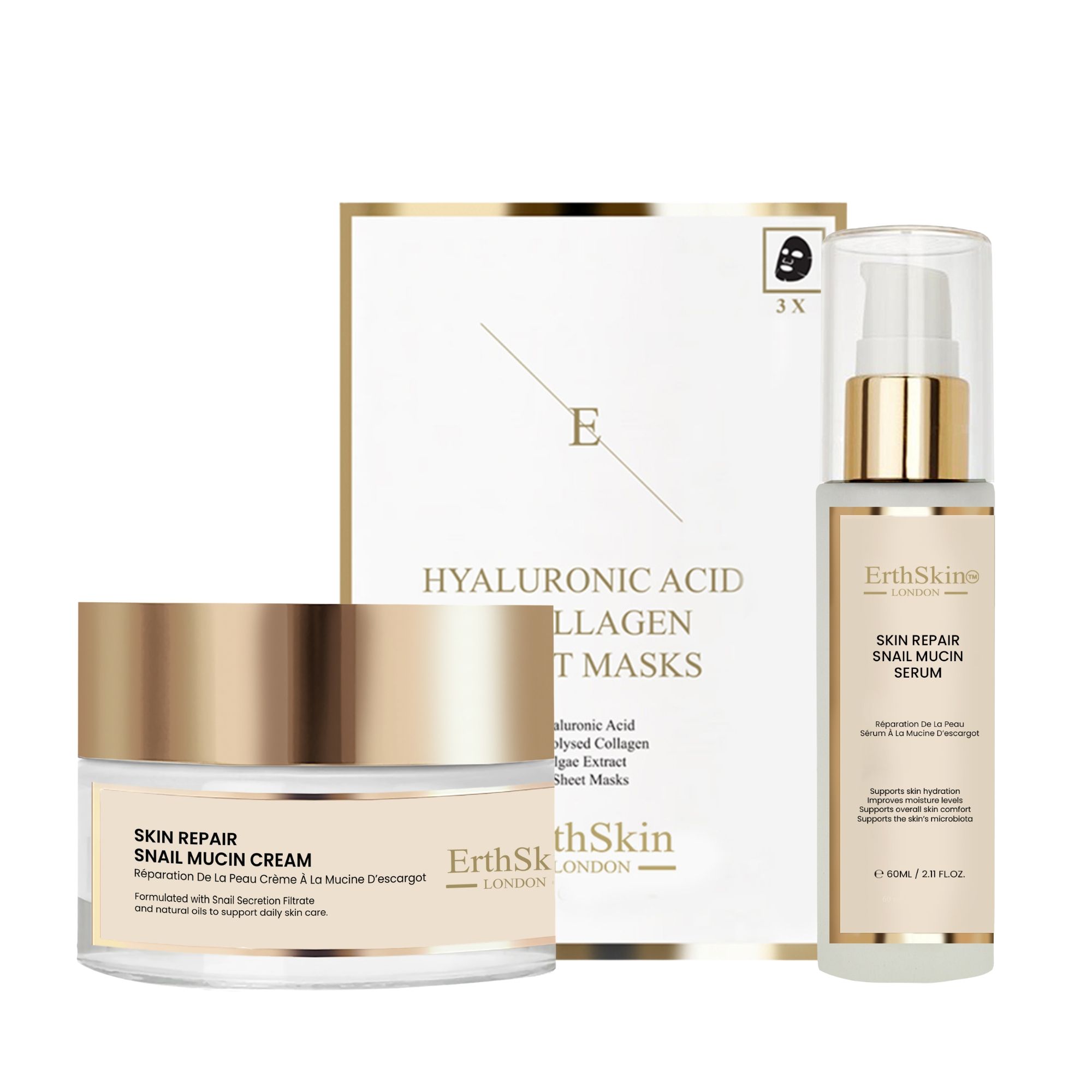 Hautpflege-Set mit Schneckencreme, Serum und Kollagenmasken.