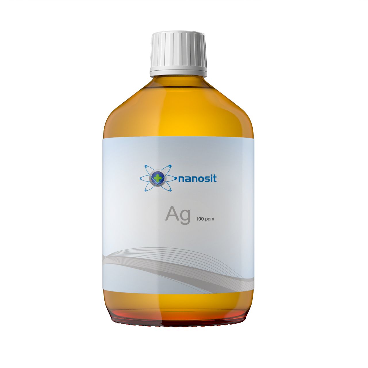 Braune Glasflasche mit weißem Etikett. Aufschrift: nanosit, Ag 100 ppm. Weißer Schraubverschluss.