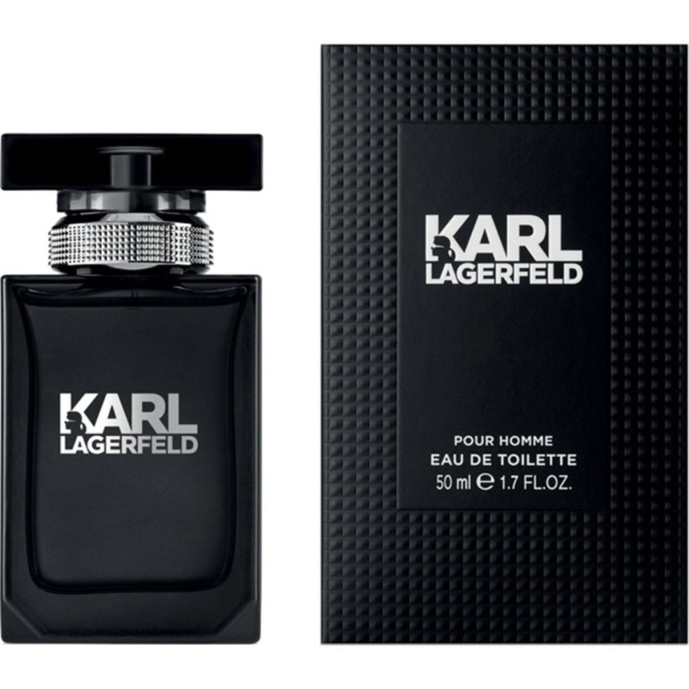 Schwarzer Flakon und Verpackung. Aufschrift: KARL LAGERFELD. Eau de Toilette. 50 ml.