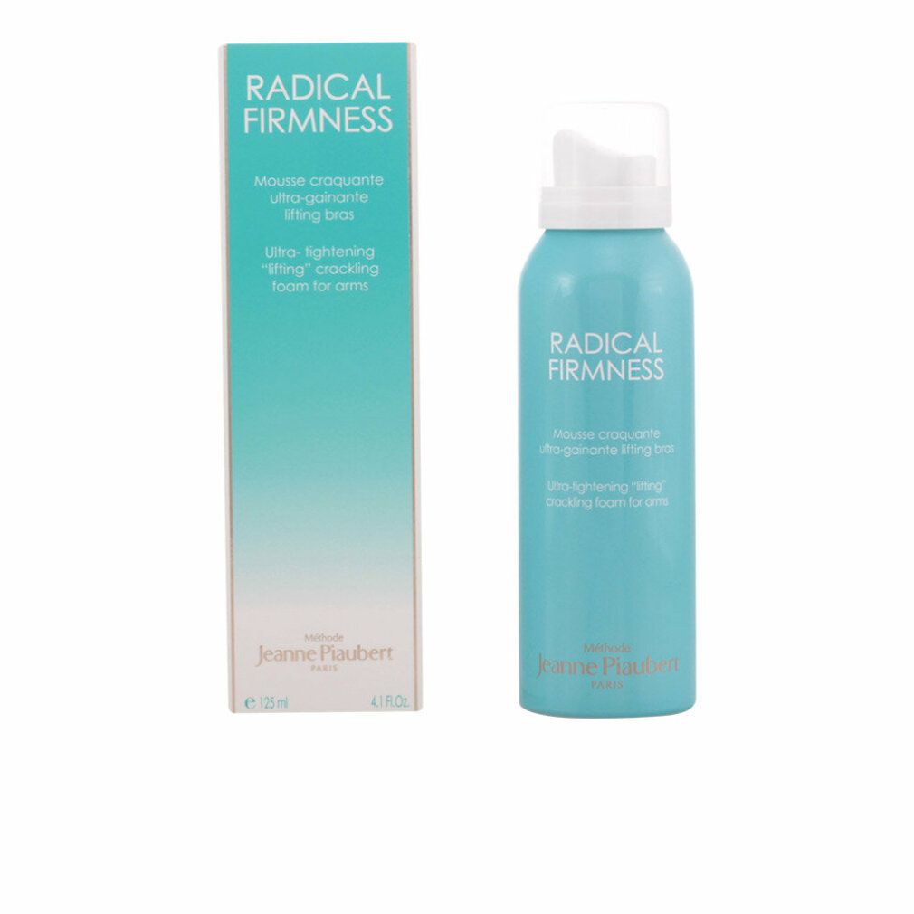 Türkisgrüne Flasche und Schachtel. Aufschrift: RADICAL FIRMNESS, Mousse craquante, Ultra-gaine lifting bras, Ultra-tightening "lifting" cracking foam for arms. Marke: Jeanne Piaubert.