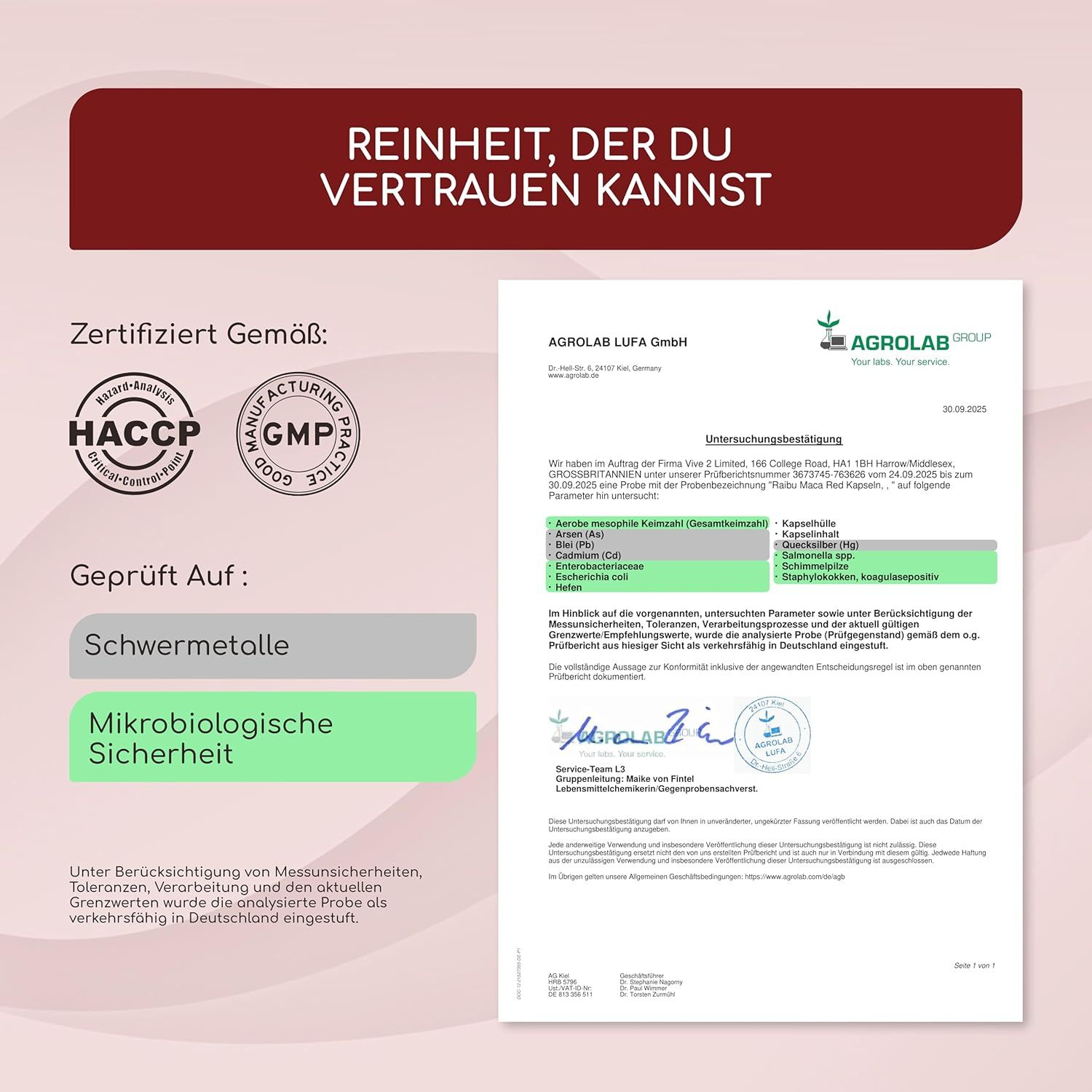 Zertifizierungsdokumente von AGROLAB LUFA GmbH. Zertifizierungen für HACCP und GMP. Geprüft auf Schwermetalle und mikrobiologische Sicherheit.