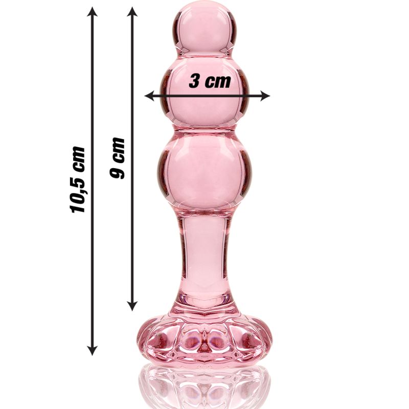 Rosa Glas-Analplug mit Maßen: 10,5 cm Länge, 9 cm Länge, 3 cm Breite.