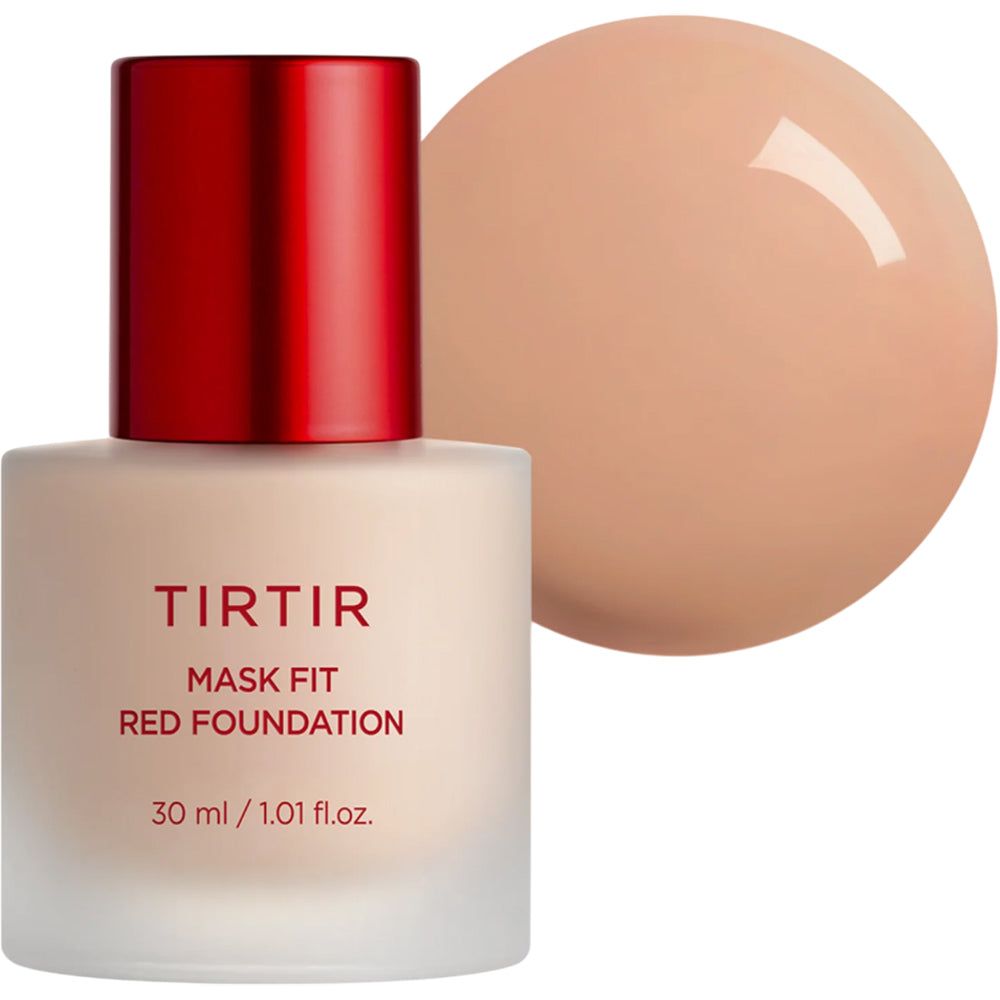 TIRTIR Mask Fit Red Foundation-Flasche mit rotem Deckel. Daneben ein Klecks Foundation. Produktname und Volumenangabe auf der Flasche.