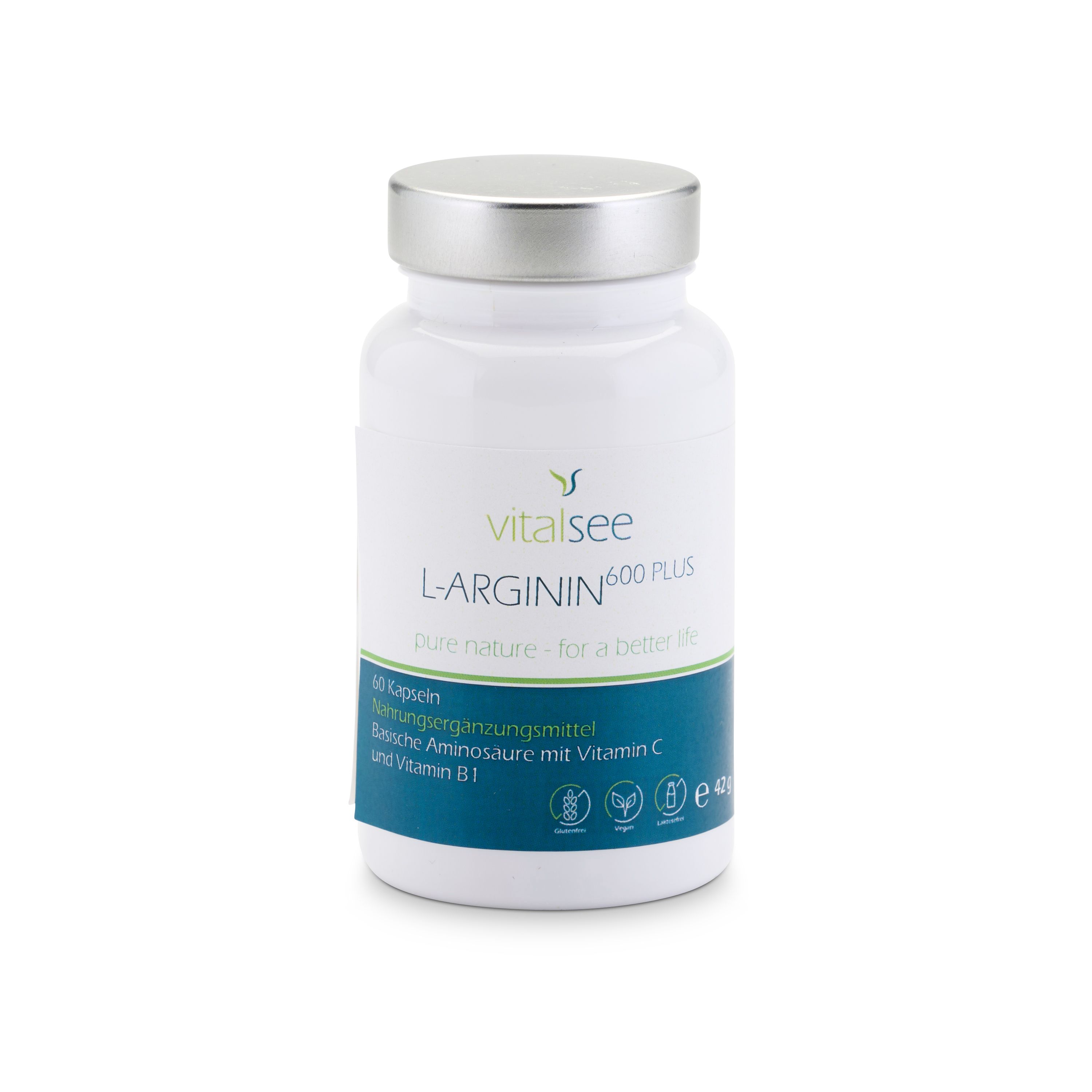Weiße Flasche mit silbernem Deckel. Aufschrift: vitalsee L-ARGININ 600 PLUS. Enthält 60 Kapseln. Text: Pure nature - for a better life.