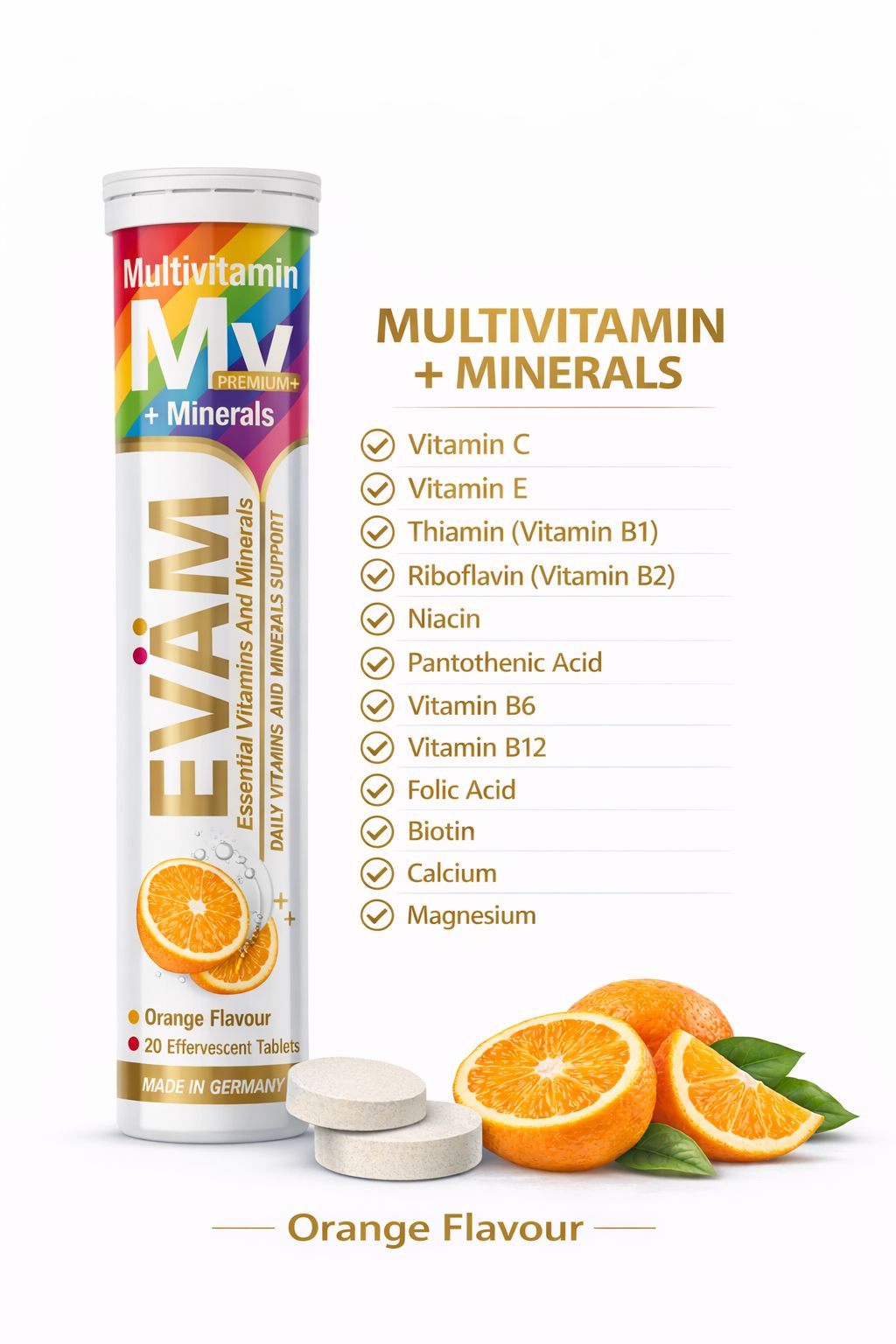 Eine Tube EVÄM Multivitamin + Mineralien Brausetabletten. Enthält 20 Tabletten. Orangen-Geschmack. Inhaltsstoffe und Nährwerte.