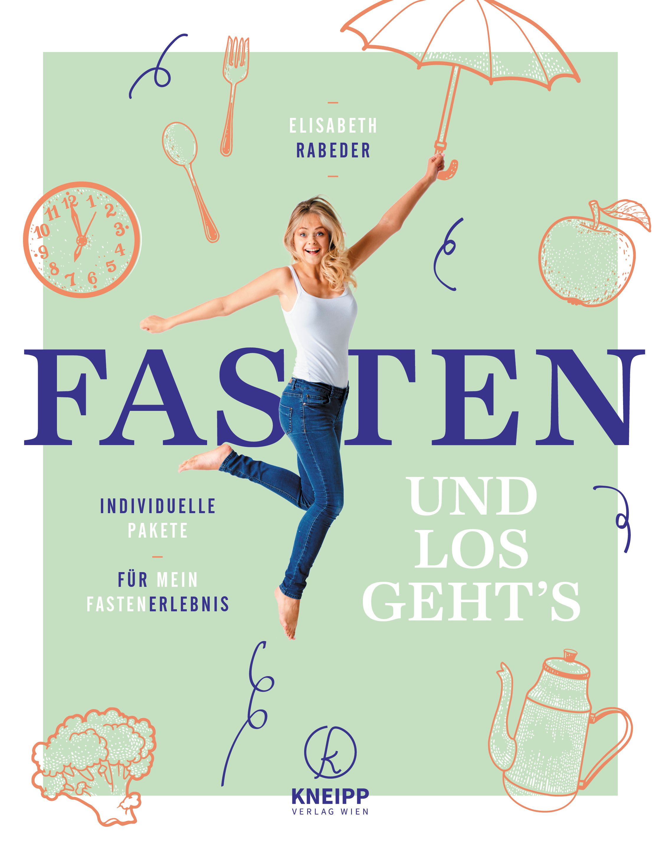 Buchcover mit Titel "Fasten". Frau springt. Illustrationen: Uhr, Apfel, Teekanne. Verlag Kneipp.