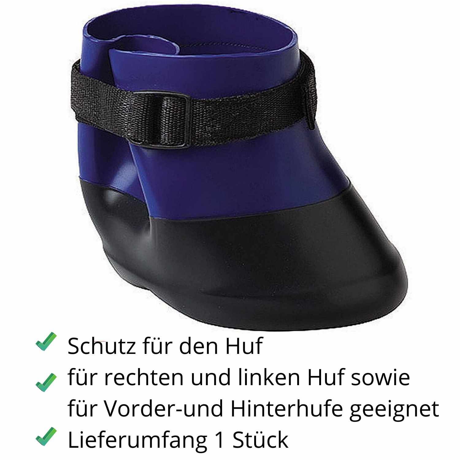 Hufschuh, blau-schwarz, mit Klettverschluss. Schutz für den Huf. Für Vorder- und Hinterhufe geeignet.