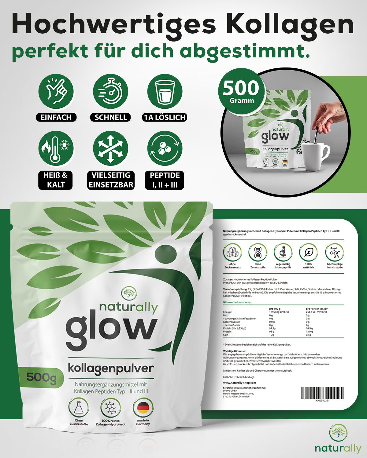 Weißer Beutel « naturally glow Kollagenpulver » mit 500g. Infografiken zeigen Vorteile. Person rührt Pulver in Tasse. Text: « 1A löslich ».