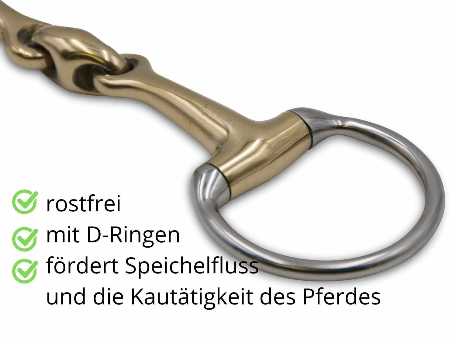Olivenkopfgebiss mit D-Ringen. Text: rostfrei, mit D-Ringen, fördert Speichelfluss und die Kautätigkeit des Pferdes.