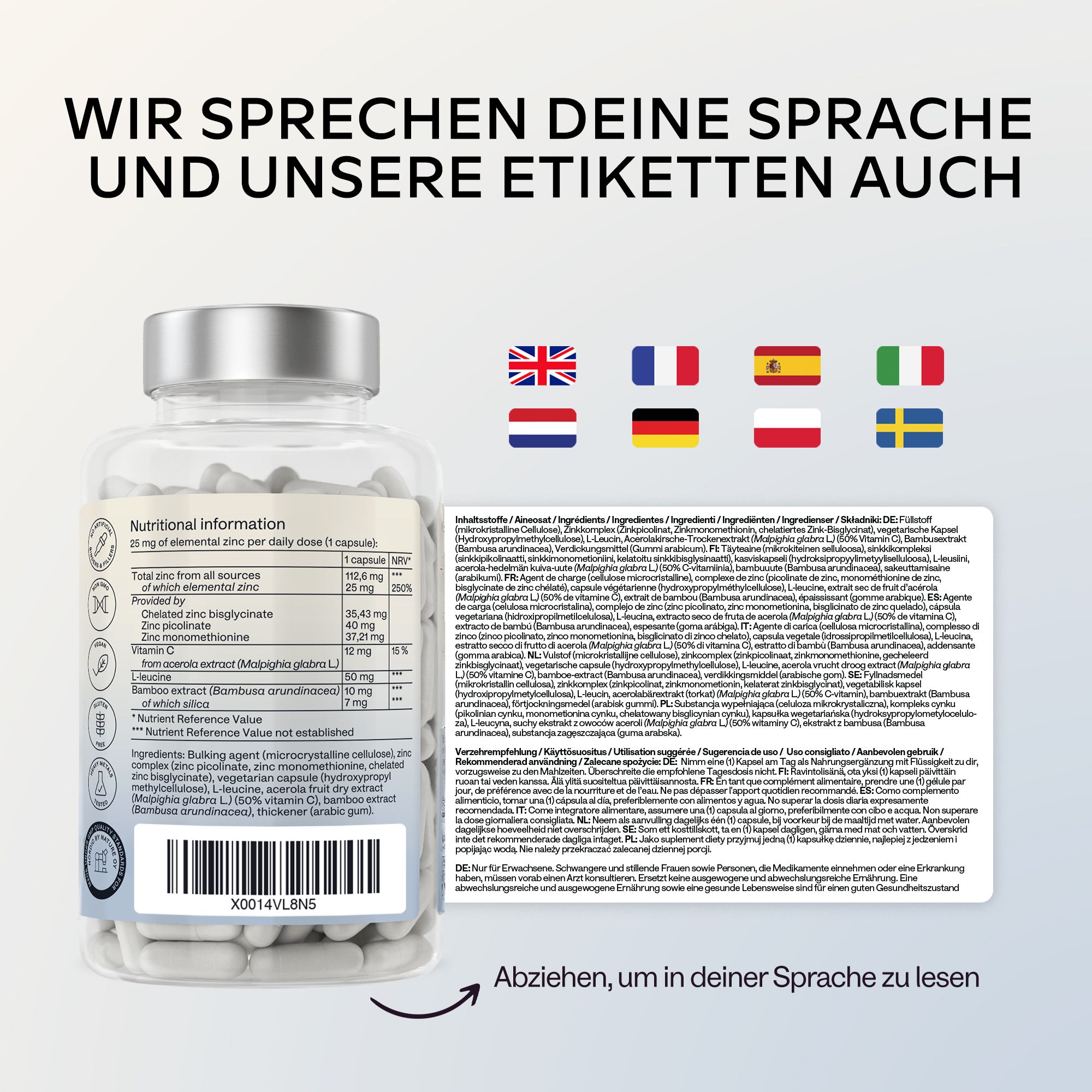 Aavalabs Triple Zinc: Mehrsprachige Etiketten, Informationen in Ihrer Sprache.