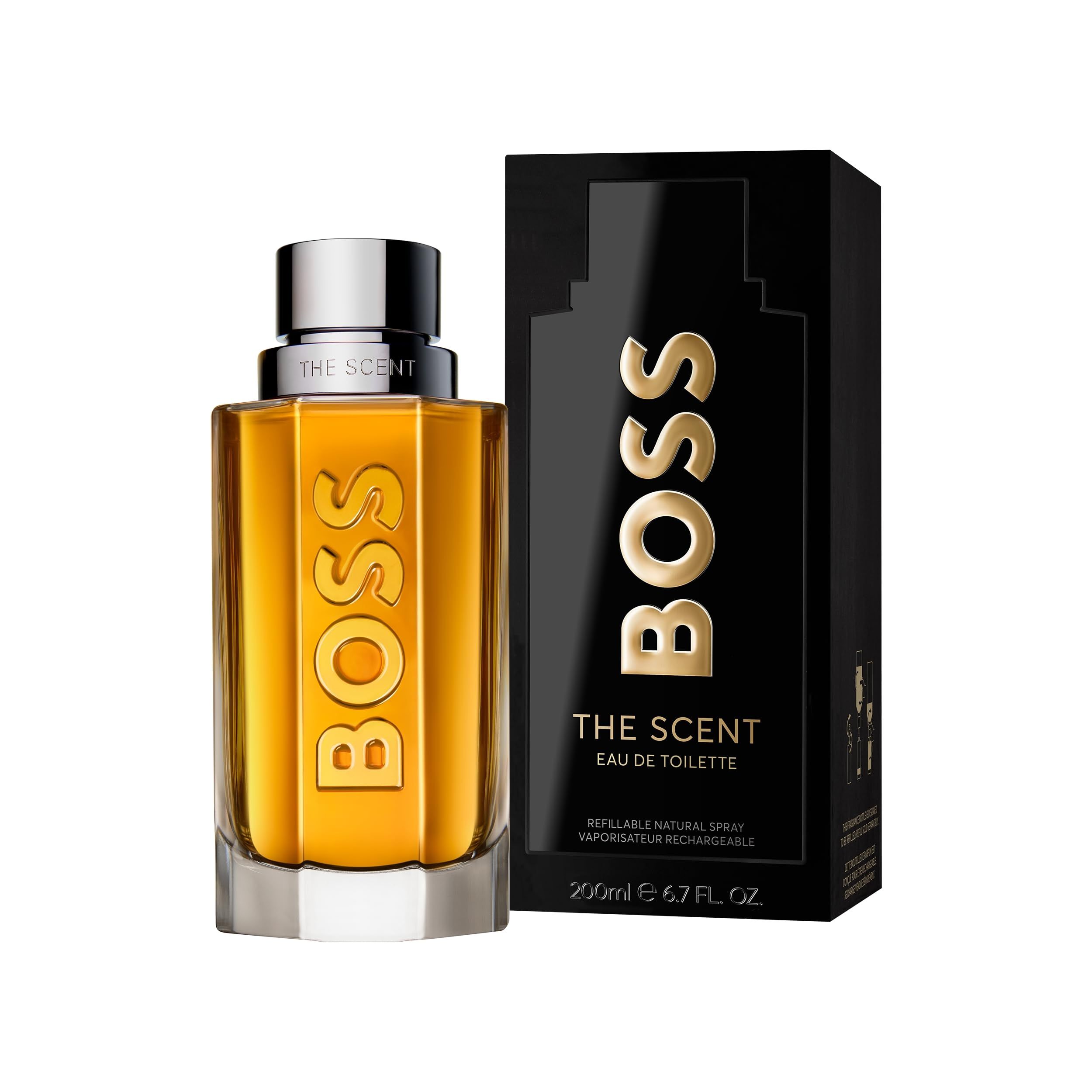 Hugo Boss The Scent Eau de Toilette Flakon und schwarze Verpackung mit goldener Schrift.
