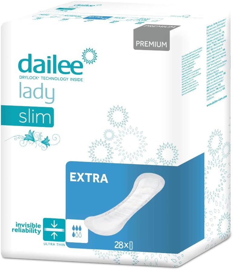 Verpackung Dailee Lady Slim Extra Inkontinenzeinlagen. Weiße Packung mit Produktabbildung und Schriftzügen. Enthält 28 Stück.