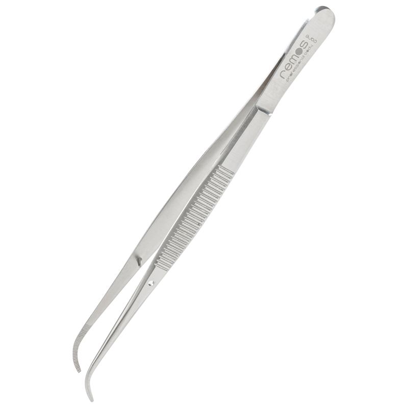 Gebogene Pinzette mit Führungsstift, geriffelt. REMOS-Logo sichtbar. Metall. 12,5 cm.
