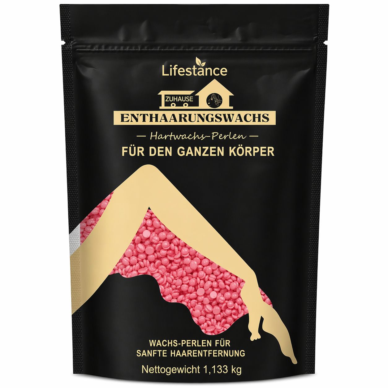 Schwarze Verpackung mit rosa Wachsperlen. Text: Lifestance, Enthaarungswachs, für den ganzen Körper. Nettogewicht 1,133 kg.