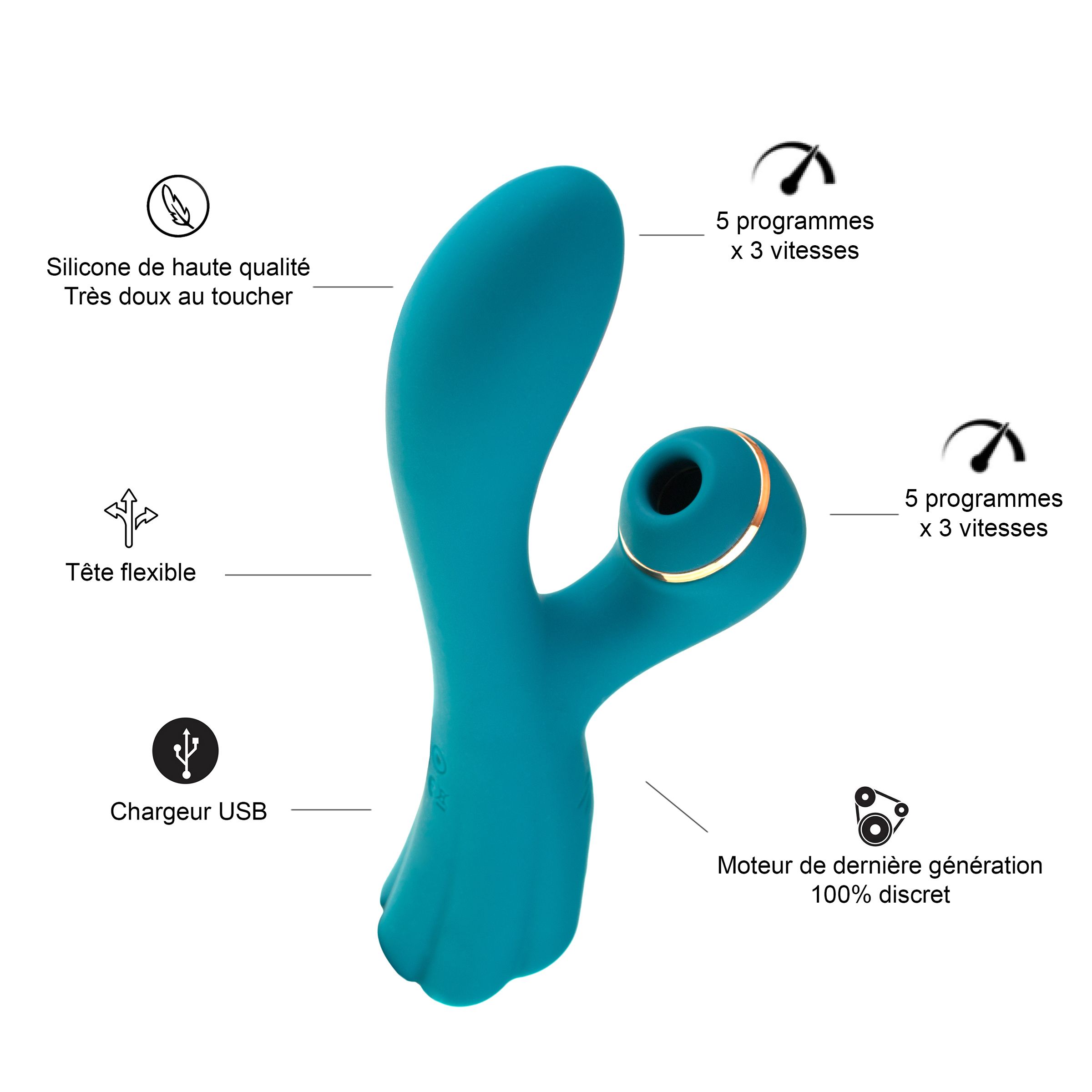 Türkiser Vibrator mit goldfarbenem Ring und geschwungener Form.