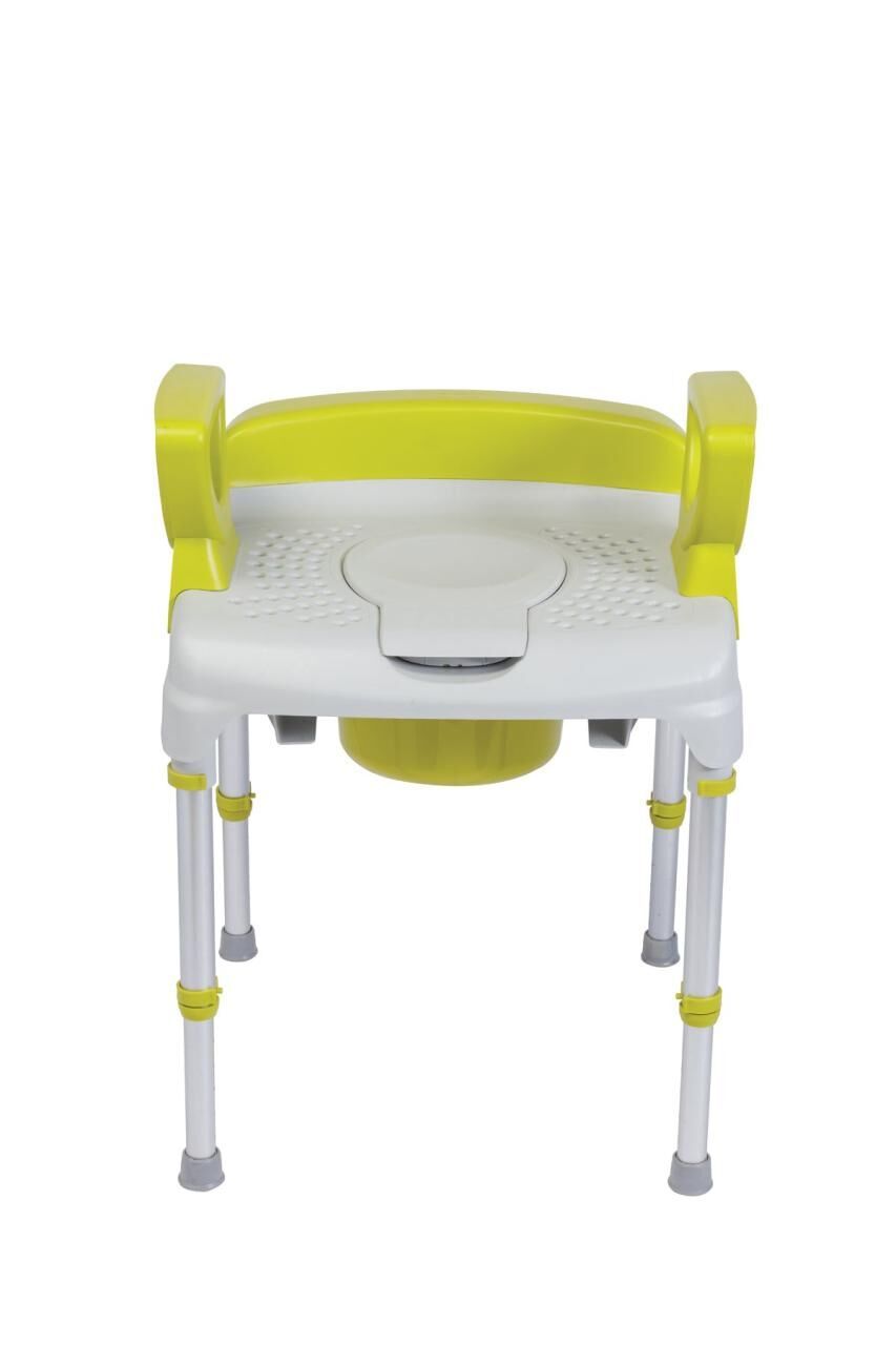 Duschstuhl mit Armlehnen und kurzer Rückenlehne. Gelb-weiß, höhenverstellbare Beine, integrierter Einsatz.