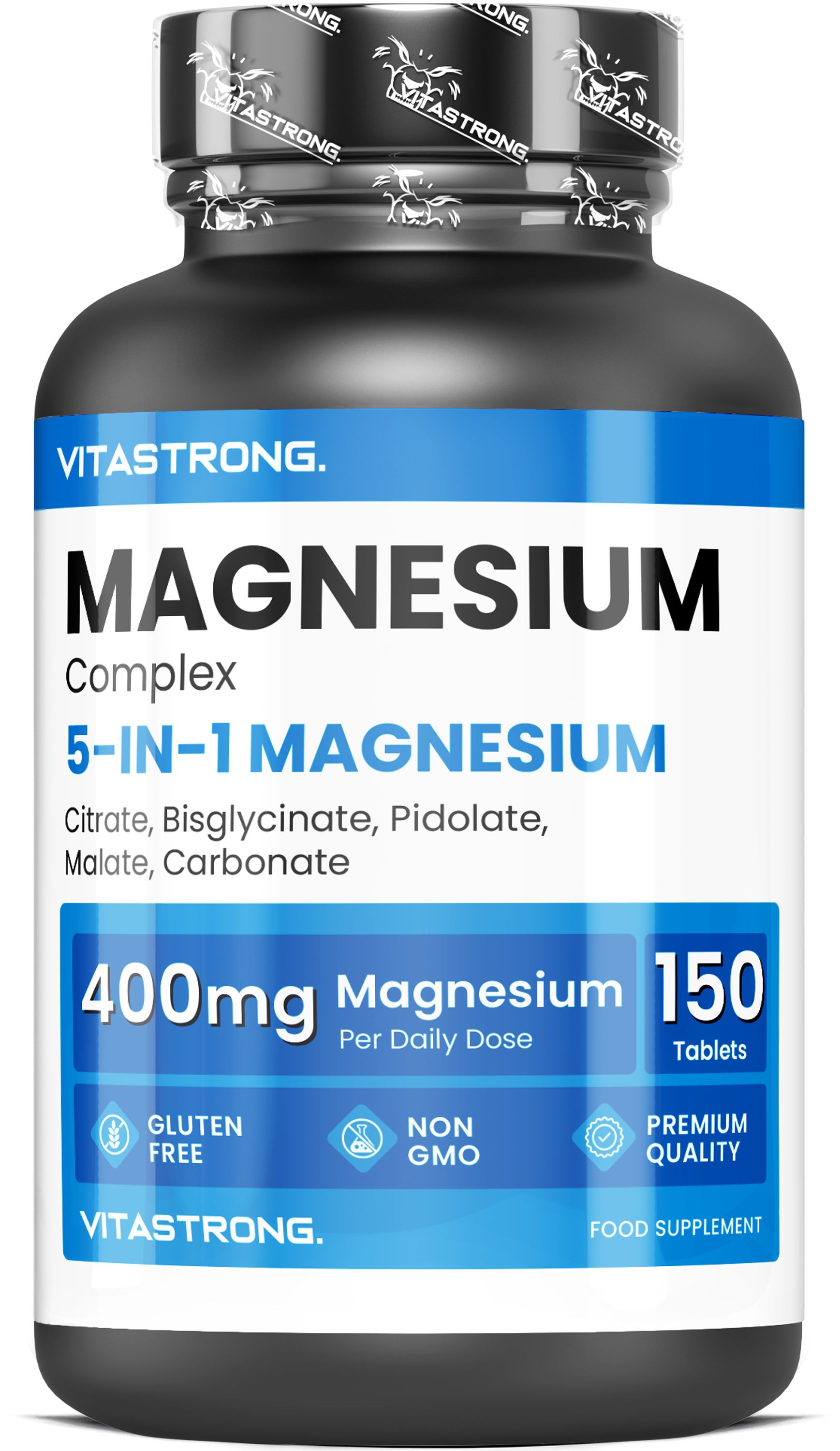 Vitastrong Magnesium Komplex 5-In-1, 150 Tabletten. Schwarze Flasche mit blauer Beschriftung.