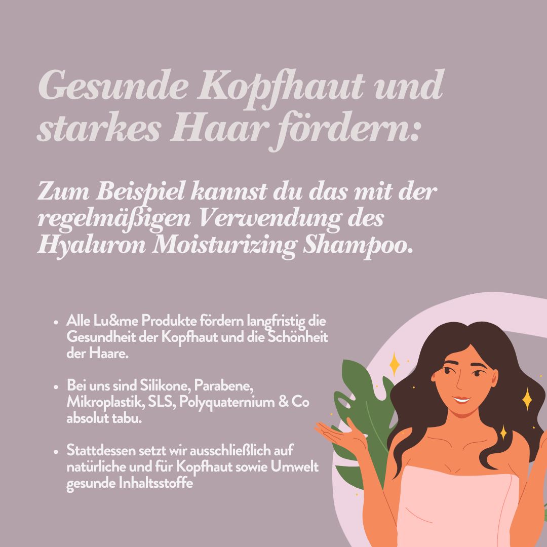 Text über gesunde Kopfhaut und starkes Haar. Mit Illustration einer Frau. Erwähnung von Inhaltsstoffen.