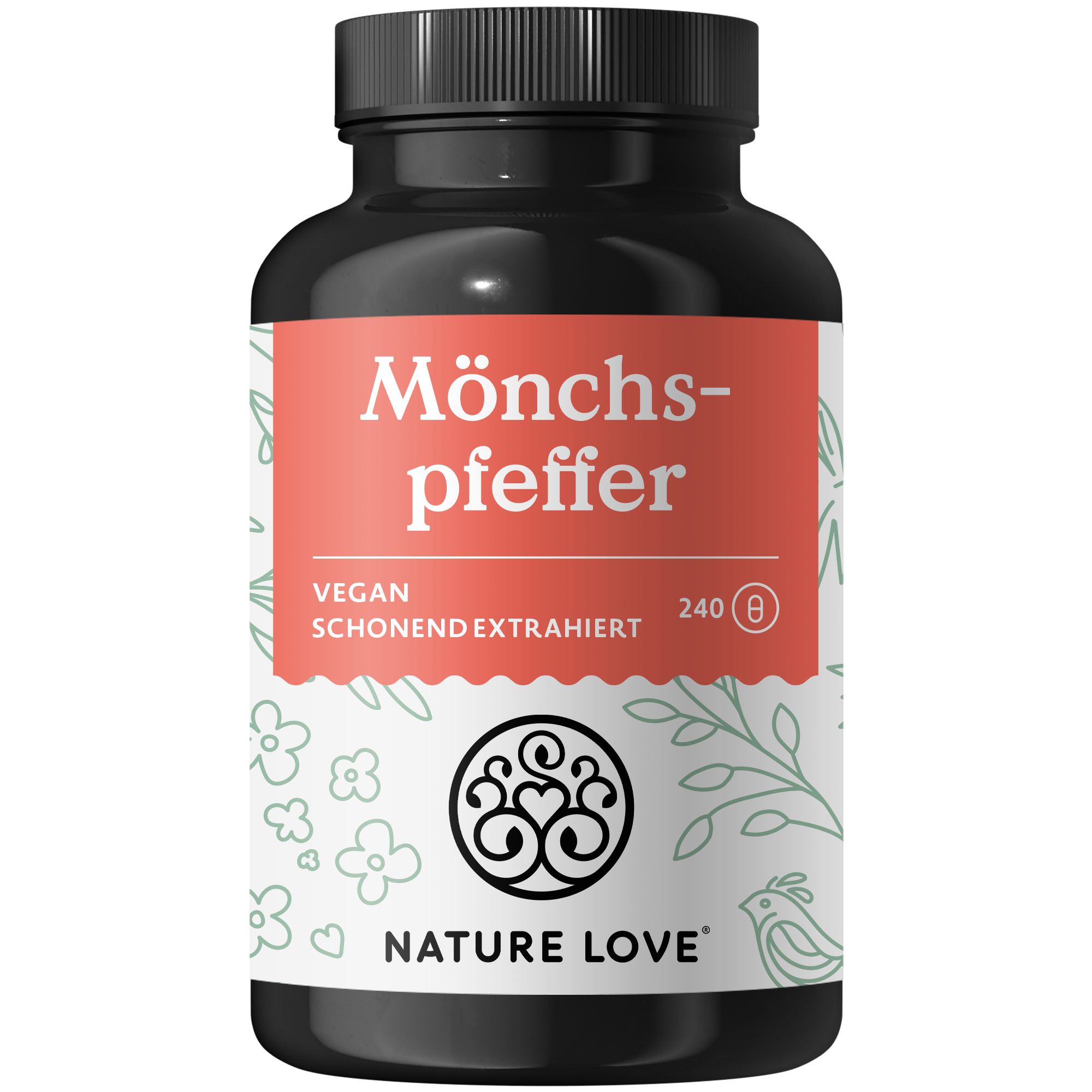 Braune Flasche mit rotem Etikett. Aufschrift: Mönchspfeffer, Vegan, 240 Kapseln. Logo: NATURE LOVE®. Schwarzer Deckel.