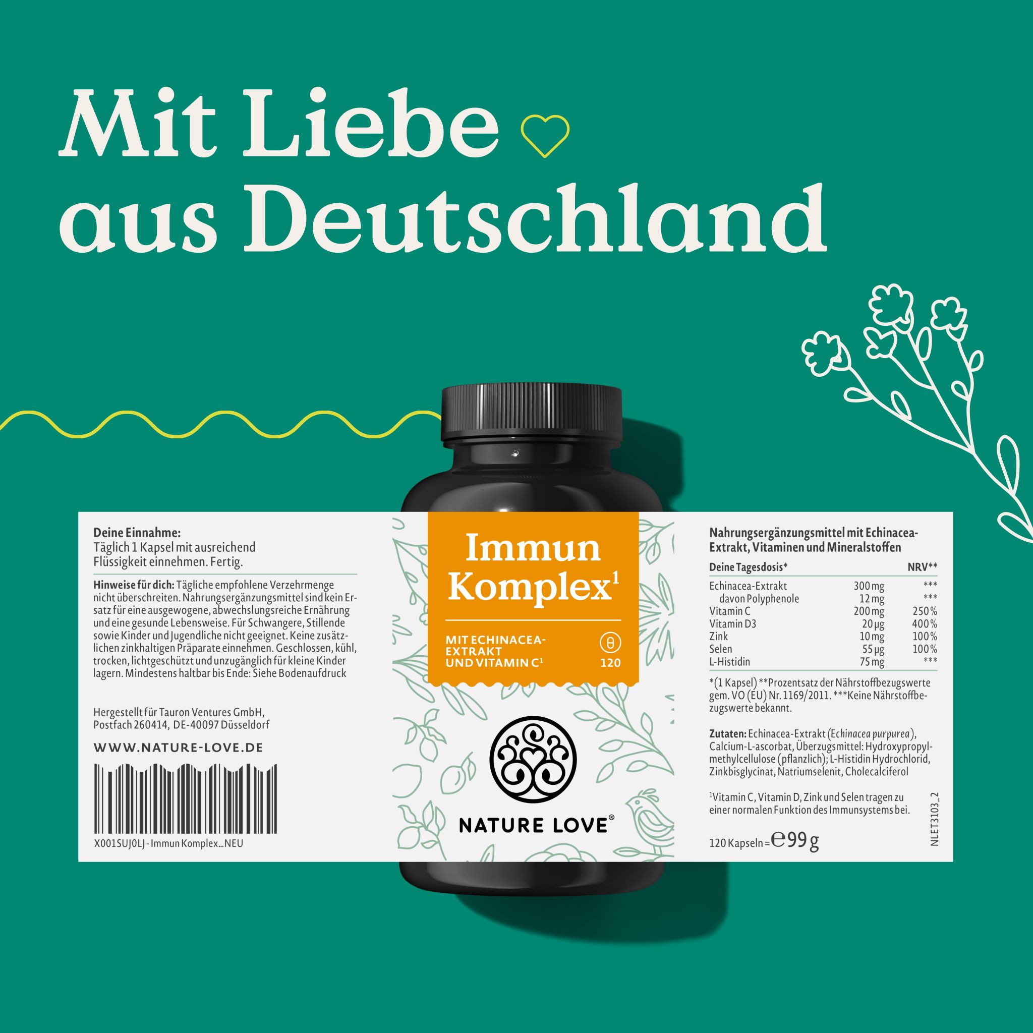 Nahrungsergänzungsmittel in schwarzer Flasche. Aufschrift: Immun Komplex. Text: Nährwertangaben, Inhaltsstoffe. Marke: NATURE LOVE®.