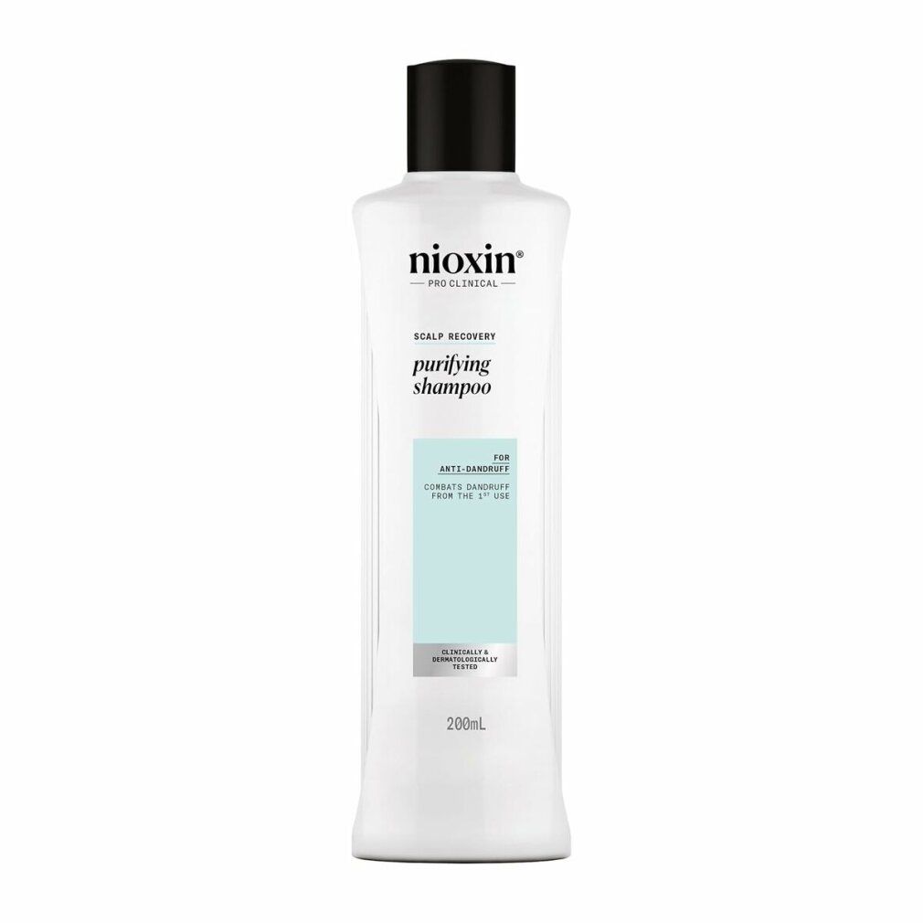 Weiße Shampoo-Flasche mit schwarzem Deckel. Aufschrift: Nioxin, Scalp Recovery, purifying shampoo. Für Anti-Schuppen.