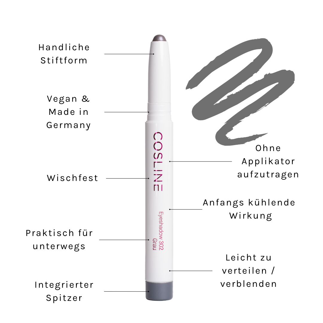 Weißer Stift mit grauem Lidschatten. Text: Cosline Eyeshadow Grau 302. Vegan & Made in Germany. Integrierter Spitzer.