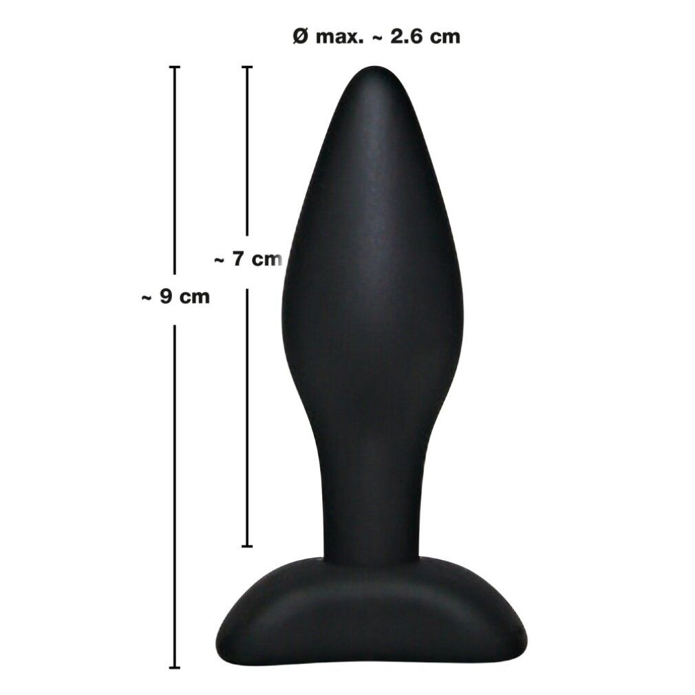 Schwarzer Analplug mit schmaler Spitze, verbreitertem Schaft und Standfuß. Maße: 9 cm hoch, 7 cm lang, Ø max. 2,6 cm.