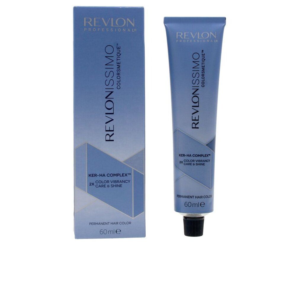 Haarfarbtube und Schachtel. Revlon Professional Revlonissimo Colorsmetique. Permanent Hair Color. 60ml. Ker-Ha Complex.