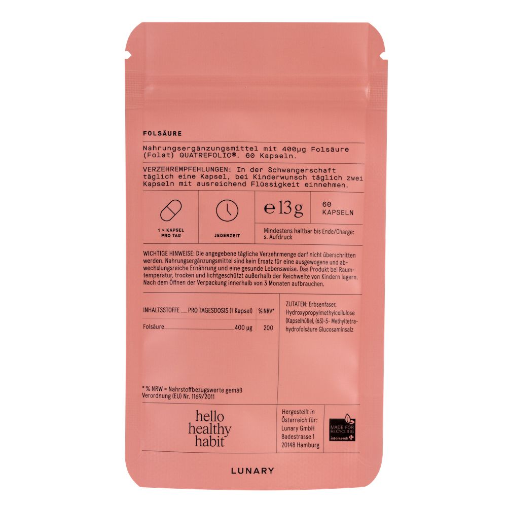 LUNARY Folsäure (Folat) Boost Quatrefolic® - bioaktiv, 60 Kapseln