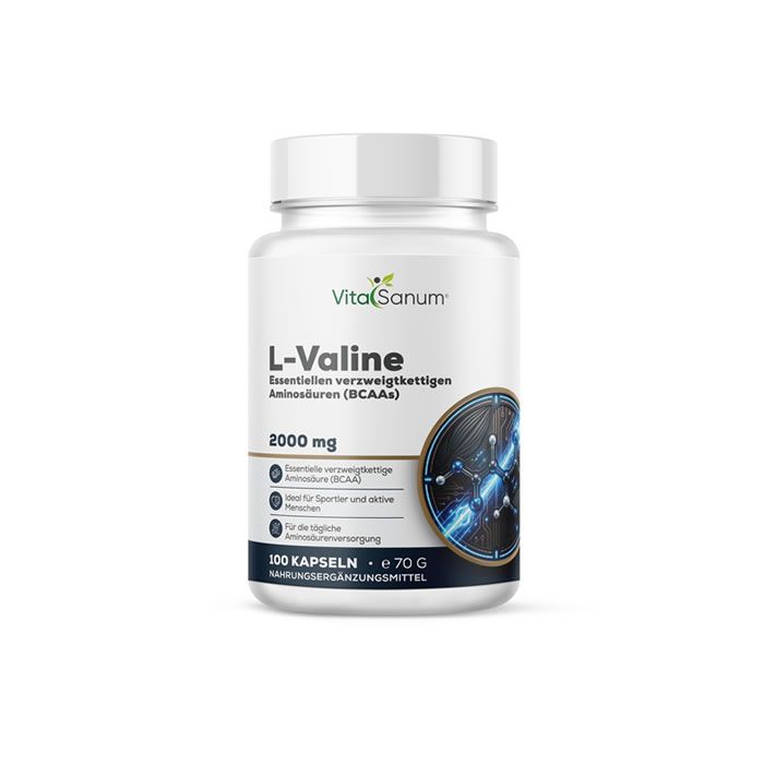 VitaSanum L-Valine Kapseln: 100 Kapseln mit 2000 mg L-Valin pro Portion. Nahrungsergänzungsmittel.